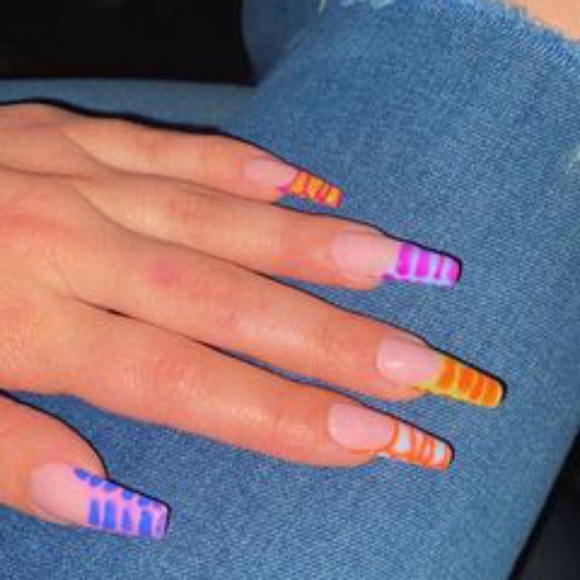 Colourful Y2K Nude French with Rainbow Crocodile French Tip Press On Nails - Picture 2 of 5